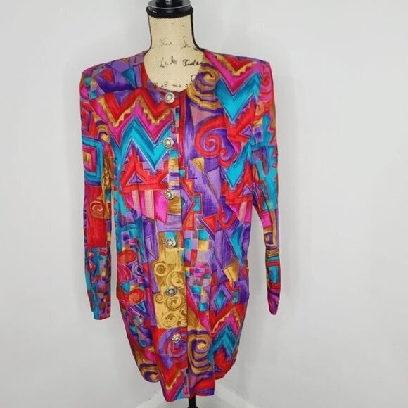 Vintage Jackets & Blazers - Vintage 90s Colorful Artsy Blazer / Eclectic Funky Neon Pink Red